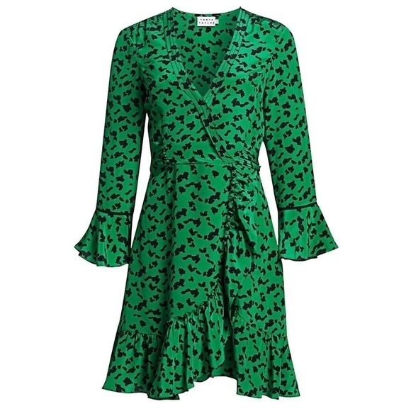 TANYA TAYLOR Wrap Dress Green Silk Leopard Print Ruffle Trim 3/4 Long Sleeves 4 - Picture 11 of 12